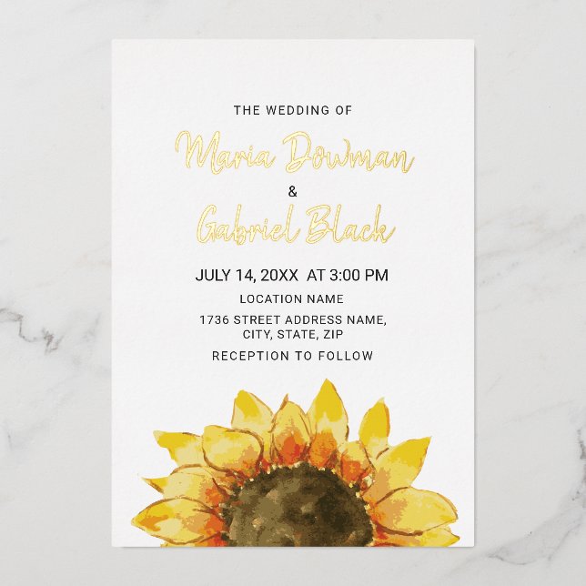 Yellow Rustic sunflower Simple chic Foil Invitation (Front)