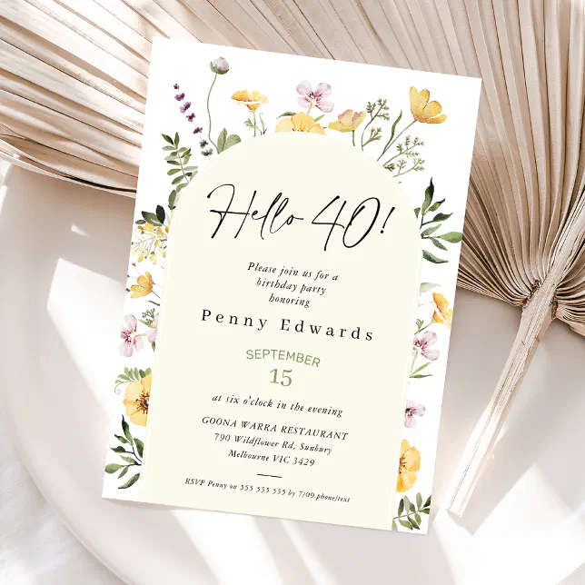 Yellow Rustic Wildflowers Hello 40 40th Birthday Invitation | Zazzle