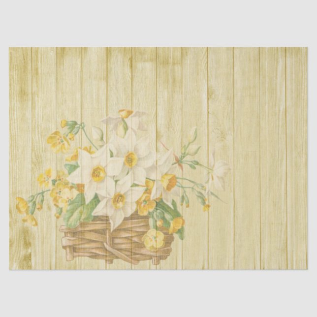 Yellow Rustic Wood and Flower Basket Decoupage Tissue Paper (Front)