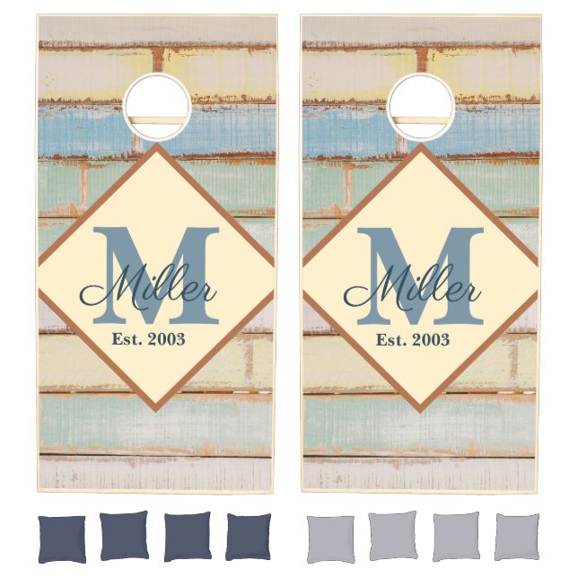 Yellow Rustic Wood Family Name Year Established  Cornhole Set (Set)