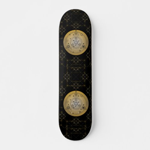 Yellow sacred geometry circle with alchemy pattern skateboard