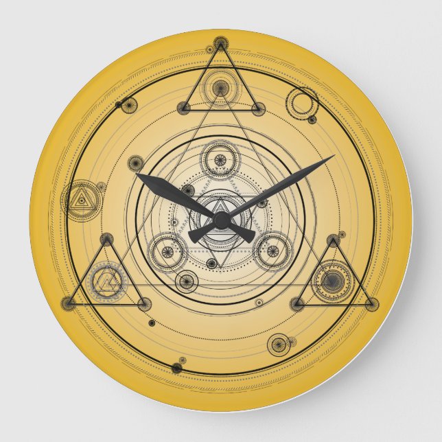 Yellow sacred geometry circle with alchemy symbols large clock (Front)