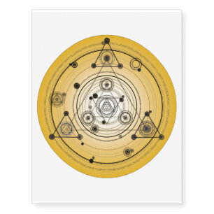 Yellow sacred geometry circle with alchemy symbols temporary tattoos