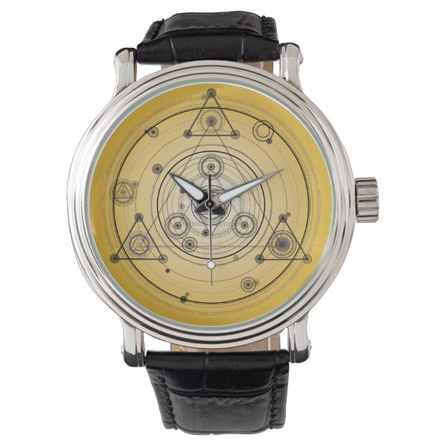 Yellow sacred geometry circle with alchemy symbols watch (Front)