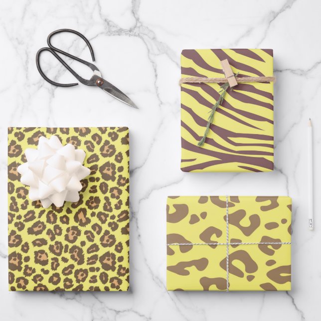 Yellow Safari Animal Leopard Cheetah Print Wrapping Paper Sheets (Front)