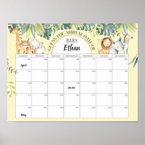 Yellow Safari jungle baby birth date guessing game Poster