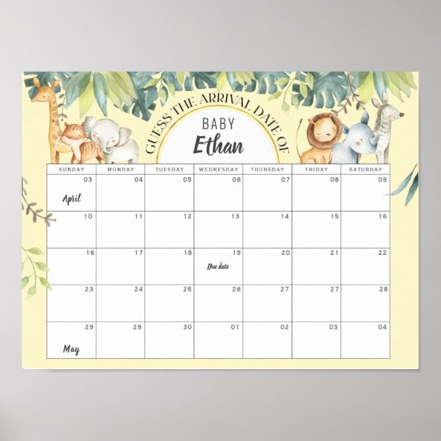 Yellow Safari jungle baby birth date guessing game Poster (Front)
