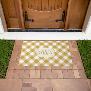 Yellow Saffron Mustard Gingham Family Monogram Doormat