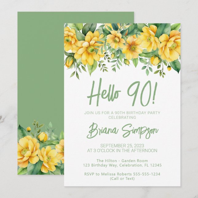 Yellow Sage Green Floral 90th Birthday Party Invitation (Front/Back)