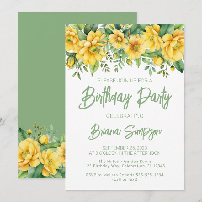 Yellow Sage Green Floral Birthday Party Invitation (Front/Back)