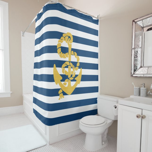 Yellow Sailing Anchor Blue White Striped Shower Curtain (In Situ)