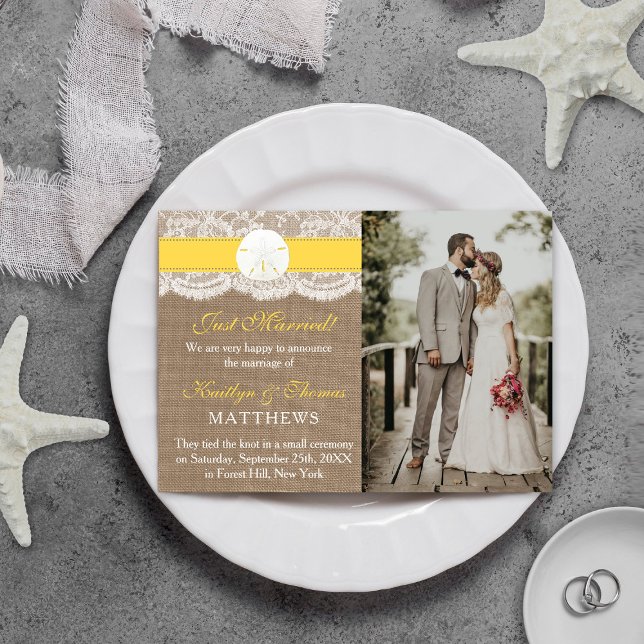 Yellow Sand Dollar Beach Wedding Photo Marriage Announcement (Creator Uploaded)