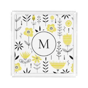 Yellow Scandinavian Floral Pattern Monogram Acrylic Tray