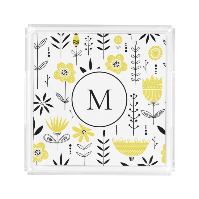 Yellow Scandinavian Floral Pattern Monogram Acrylic Tray (Front)