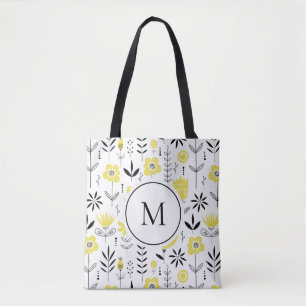 Yellow Scandinavian Floral Pattern Monogram Tote Bag