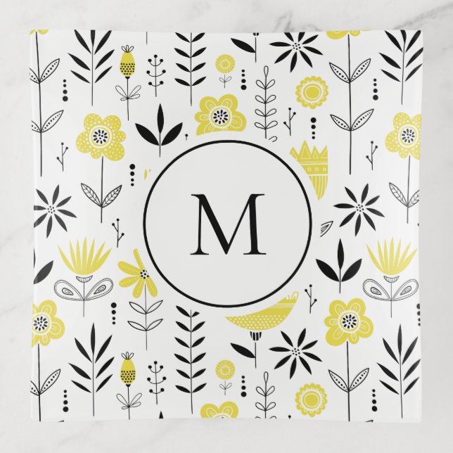 Yellow Scandinavian Floral Pattern Monogram Trinket Tray (Front)