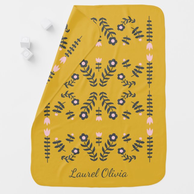 Yellow Scandinavian Folk Flower Personalized Baby Blanket (In Situ)