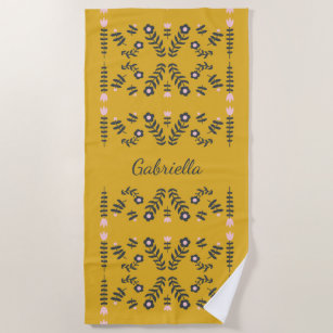 Yellow Scandinavian Folk Flower Personalized Beach Towel