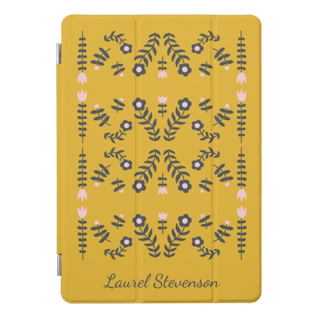 Yellow Scandinavian Folk Flower Personalized iPad Pro Cover (Front)