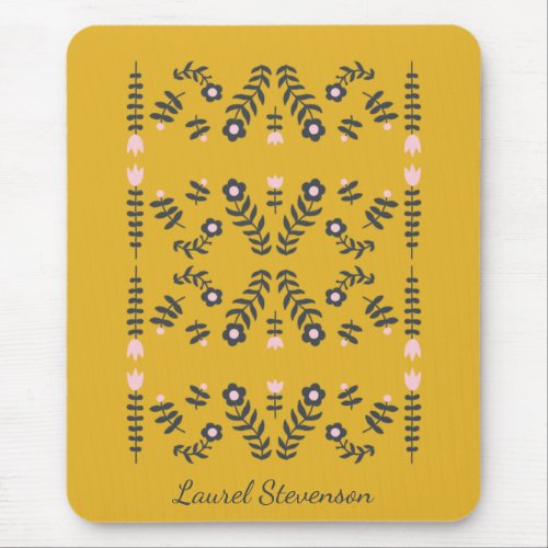 Yellow Scandinavian Folk Flower Personalized Mouse Pad