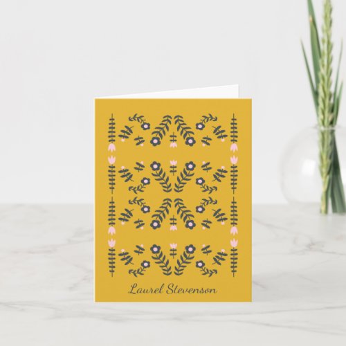 Yellow Scandinavian Folk Flower Personalized Note Card