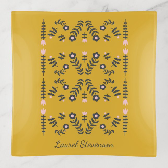 Yellow Scandinavian Folk Flower Personalized Trinket Tray (Front)
