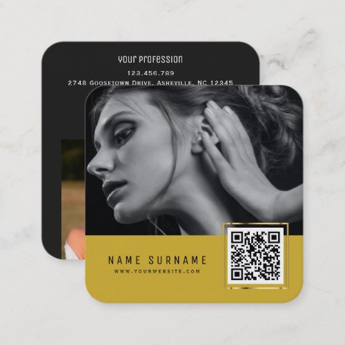 Yellow scannable barcode QR code photo Square Business Card