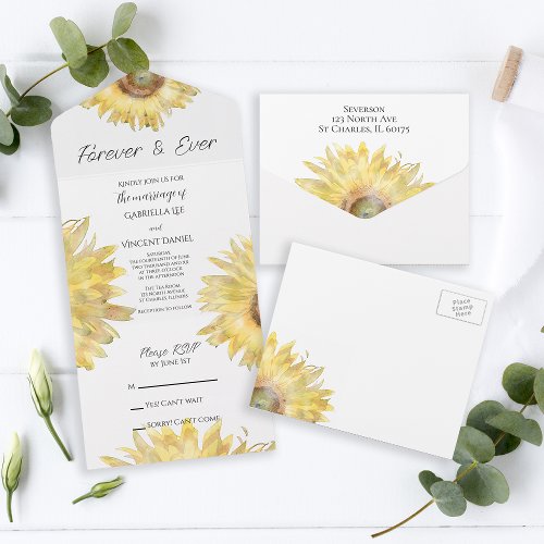 Yellow Scattered Sunflowers Watercolor Wedding All In One Invitation