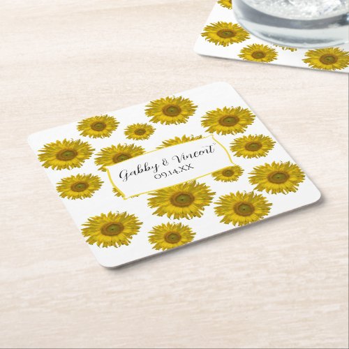 Yellow Scattered Sunflowers Wedding  Square Paper Coaster