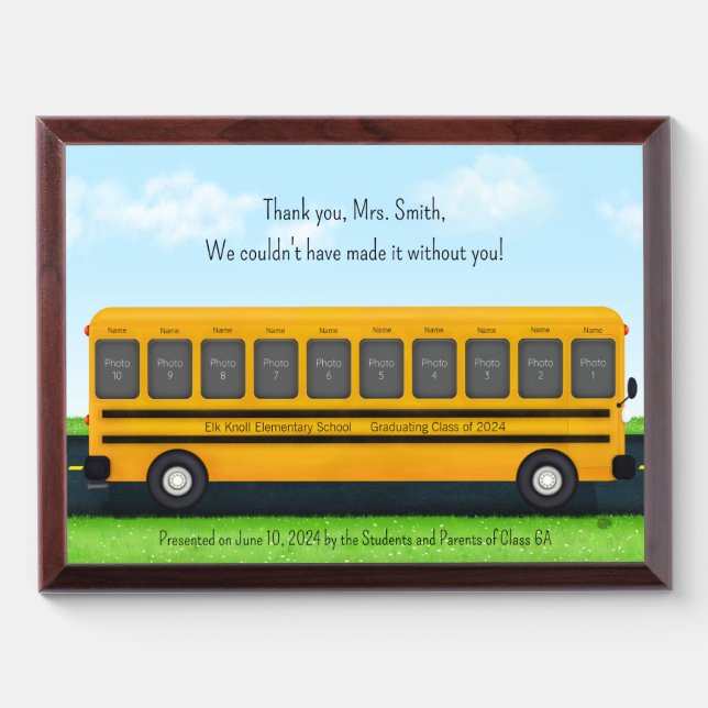 Yellow School Bus 10 Photos Teacher Appreciation Award Plaque (Horizontal)