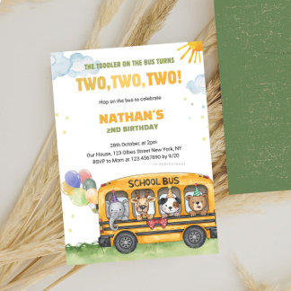 Yellow School Bus 2nd birthday Wheels on the Bus Invitation