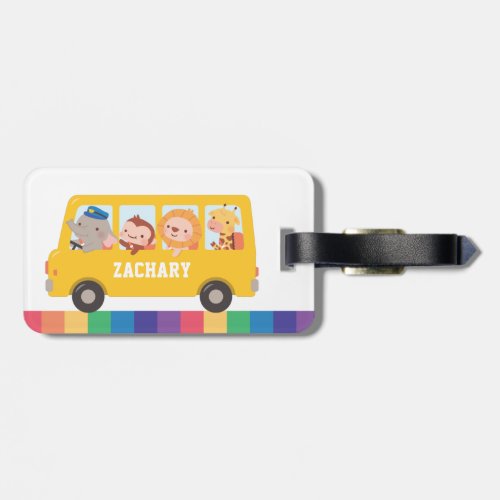 Yellow School Bus And Cute Animals Kids Name Luggage Tag
