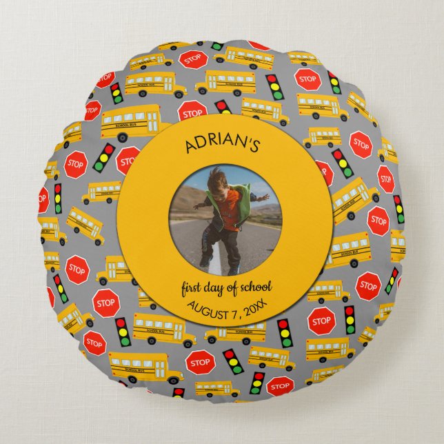 Yellow School Bus First Day of School Custom Photo Round Pillow (Front)