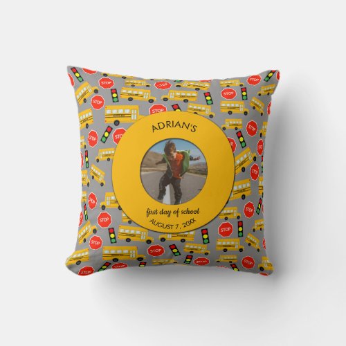 Yellow School Bus First Day of School Custom Photo Throw Pillow