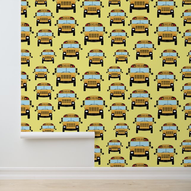 Yellow School Bus Graphic Patterned Wallpaper (Application)