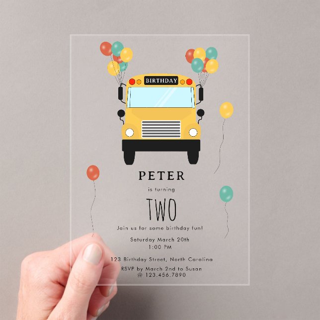 Yellow School Bus Kids Birthday Party Acrylic Invitations (Insitu (Handheld))