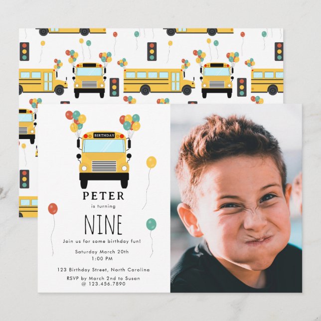 Yellow School Bus Kids Birthday Party Custom Photo Invitation (Front/Back)