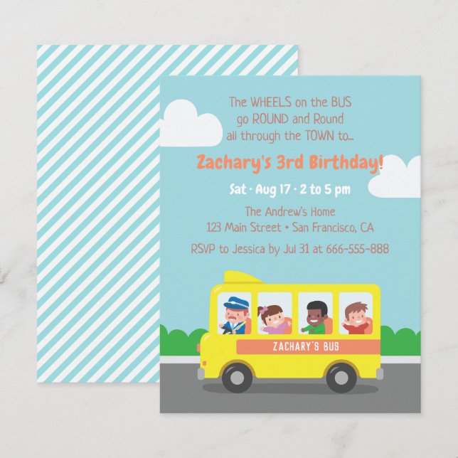 Yellow School Bus Kids Birthday Party Invitations (Front/Back)