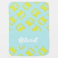 Yellow school bus on blue baby blanket