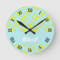 Yellow school bus on blue round clock