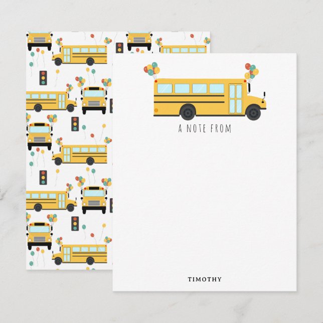 Yellow School Bus Party Kids Name Note Card (Front/Back)