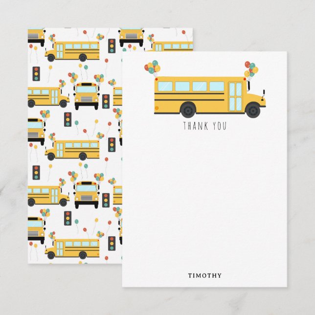 Yellow School Bus Party Kids Name Thank You Card (Front/Back)