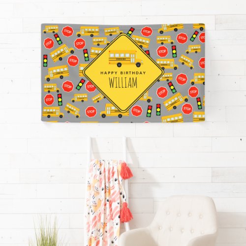 Yellow School Bus Stop Sign Traffic Light Birthday