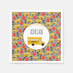 Yellow School Bus Stop Sign Traffic Light Birthday Napkins