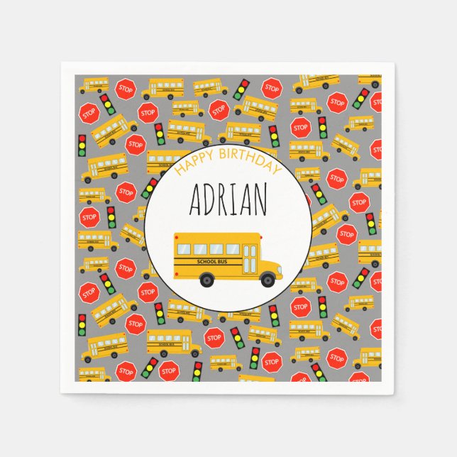 Yellow School Bus Stop Sign Traffic Light Birthday Napkins (Front)