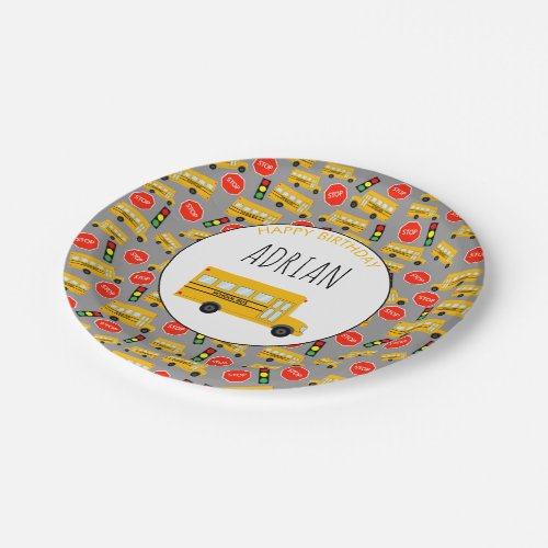 Yellow School Bus Stop Sign Traffic Light Birthday Paper Plates