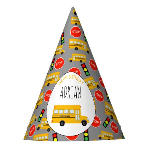 Yellow School Bus Stop Sign Traffic Light Birthday Party Hat