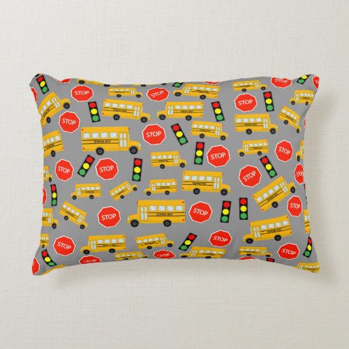 Yellow School Bus Stop Sign Traffic Lights Pattern Accent Pillow