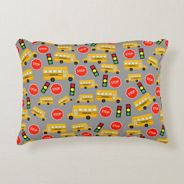 Yellow School Bus Stop Sign Traffic Lights Pattern Accent Pillow (Front)