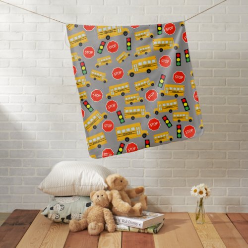 Yellow School Bus Stop Sign Traffic Lights Pattern Baby Blanket